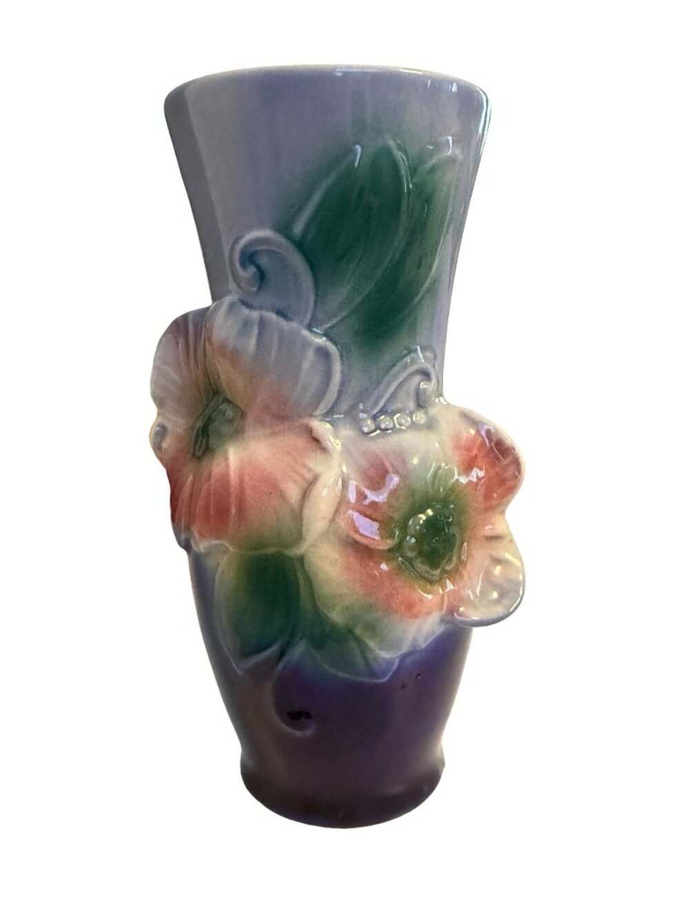 Vintage Royal Copley Floral Vase Blue Pink Green Raised Flower Ceramic 7"